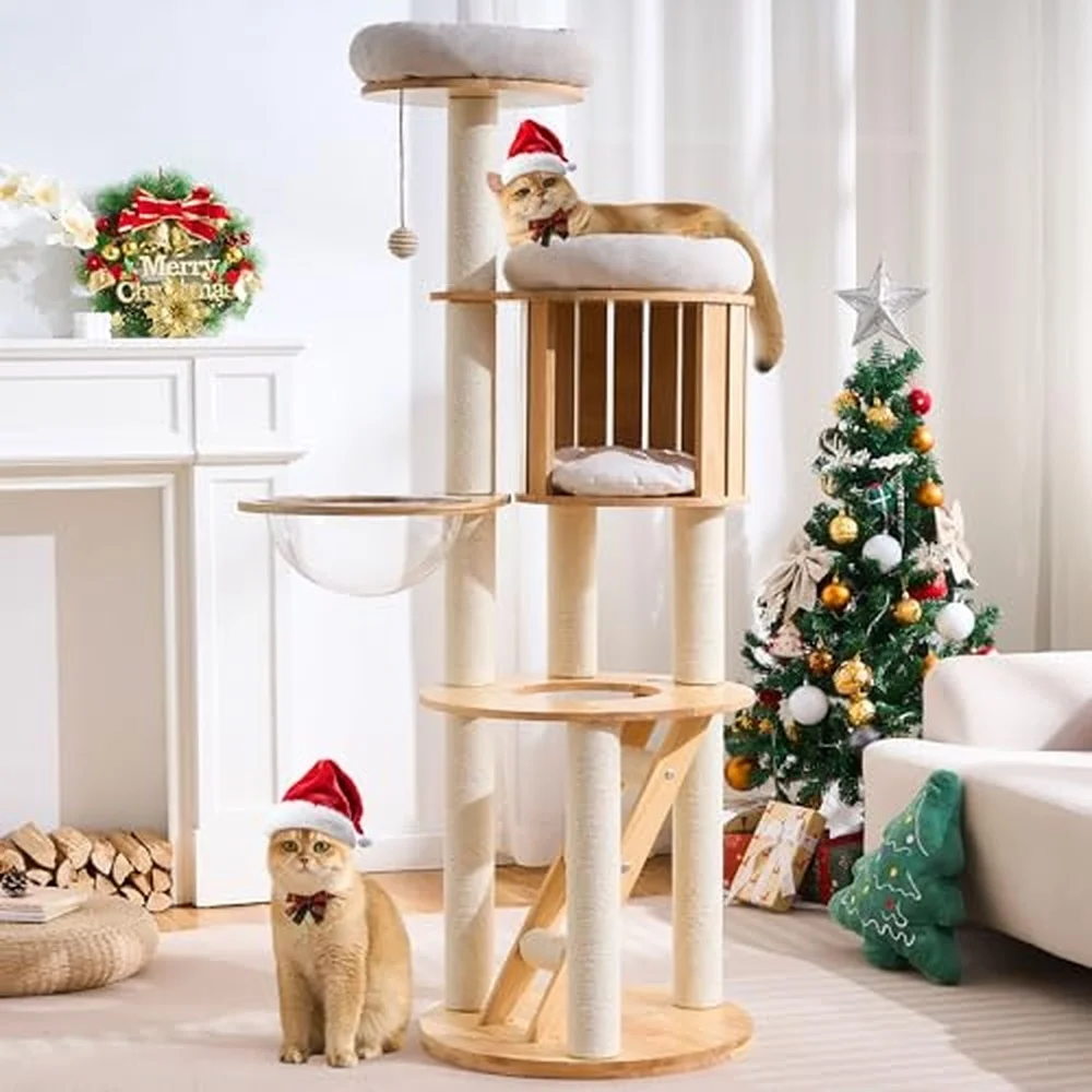 Solid Wood Cat Tree Tower with Scratching Post 61 Inches Tall Cat Towers with Capsule and Condo Modern Cat Tower with