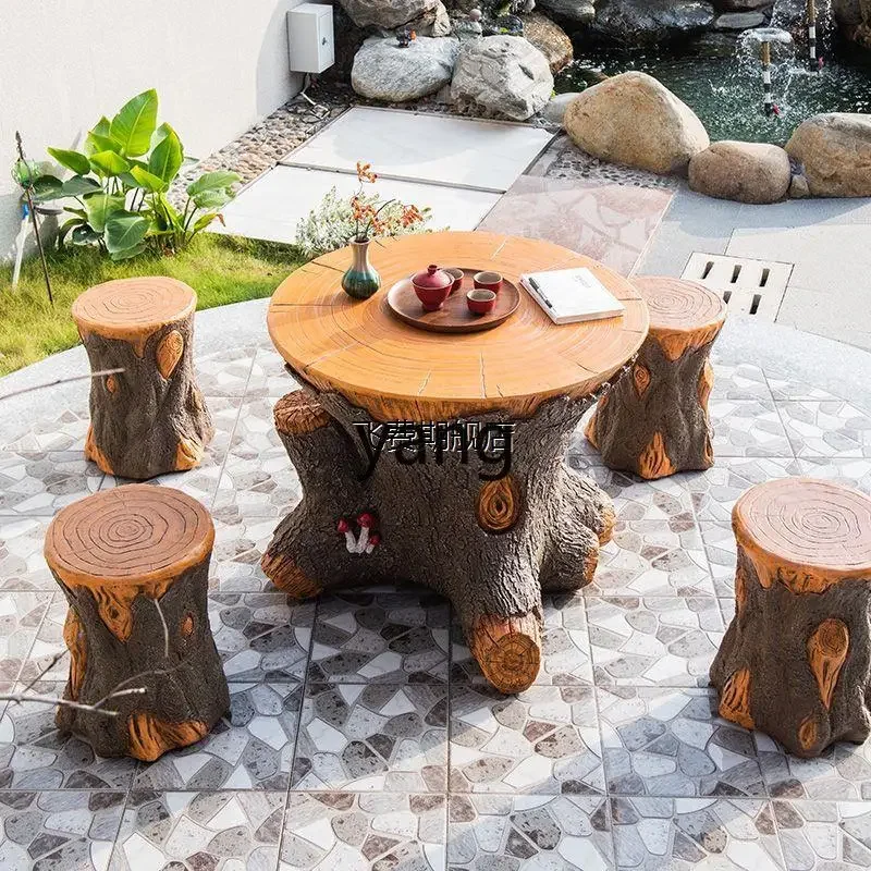LT, simple retro imitation tree stump outdoor balcony leisure carving courtyard park round table stool combination
