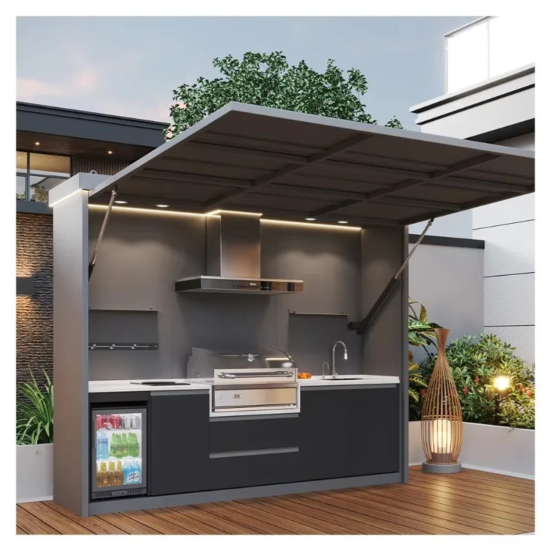 Customized Complete Unit Yard Shed Covered Premium Weatherproof Outdoor Kitchen Equipment Shelf BBQ Grill with Natural Gas