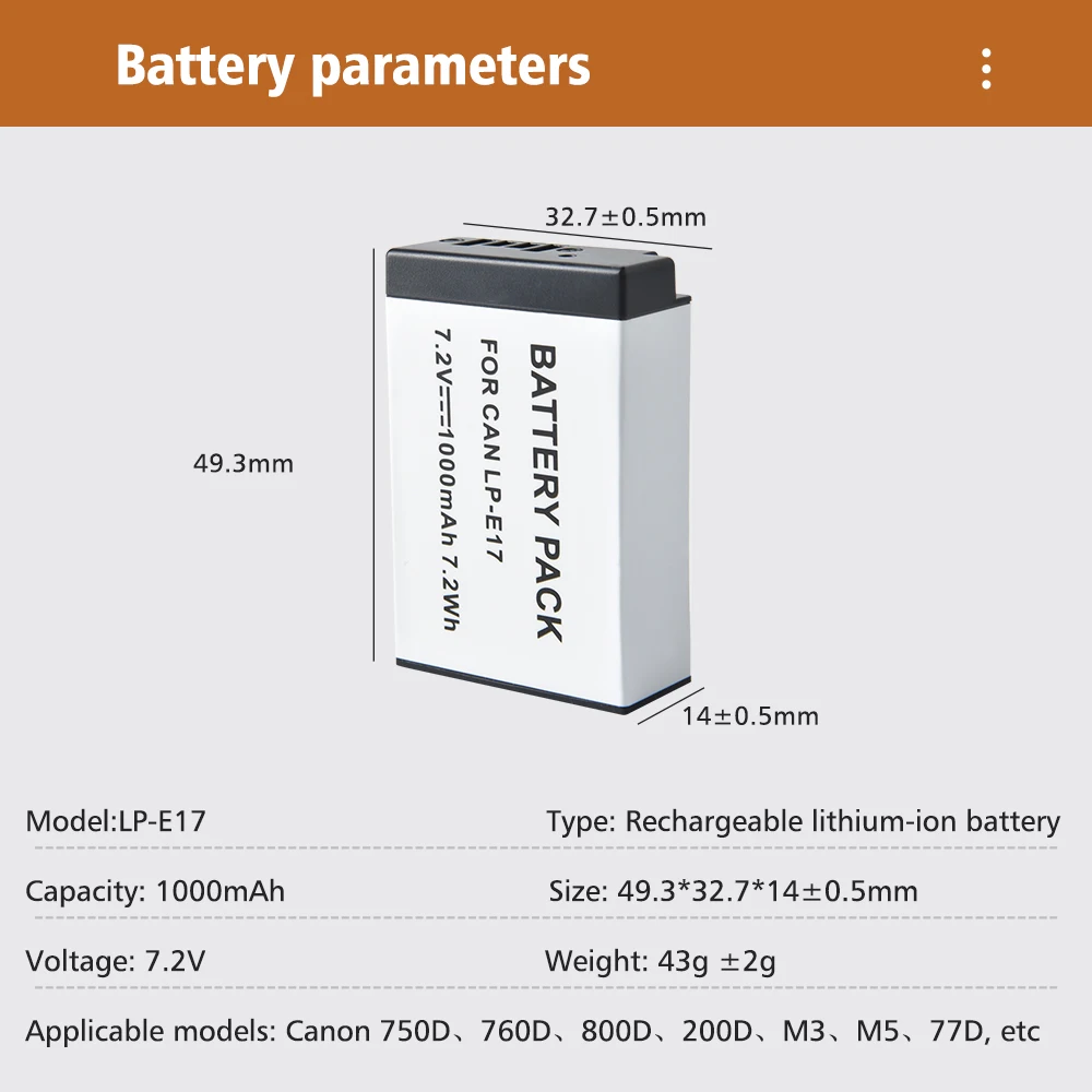 1000mAh LPE17 LP E17 LP-E17 Battery + 2-slot Dual Charger for Canon EOS 200D M3 M5 M6 750D 760D T6i T6s 800D RP Kiss X8i SL2