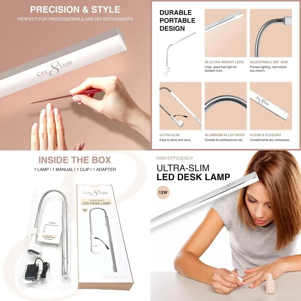 

Ultra-Slim Champagne Gold LED Desk Lamp, 12W Task Light for Nail Salons, Lash Studios, and Home Offices