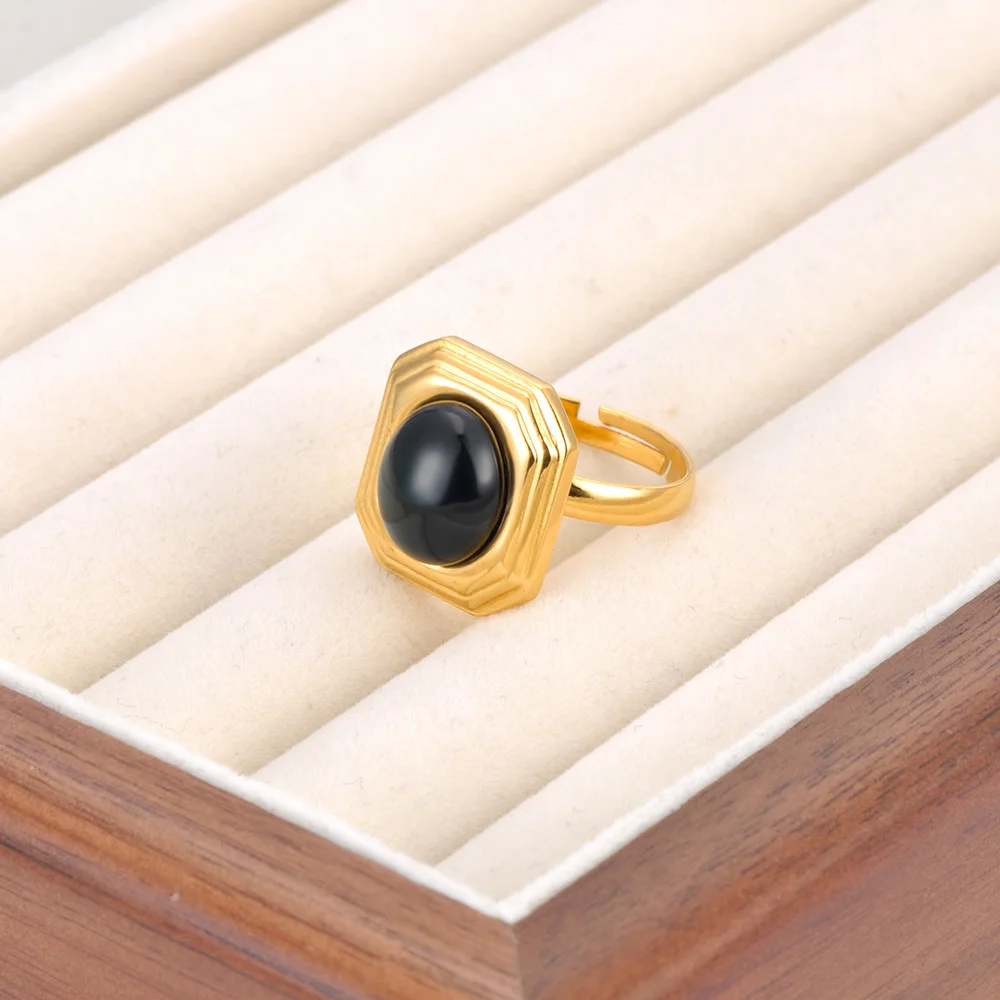 JeeMango Trendiger Bernstein-Weißer Harz-Geometrischer Verstellbarer Offener Ring, Vergoldeter Rostfreier Edelstahl Fingerschmuck R26016 – Detail 11