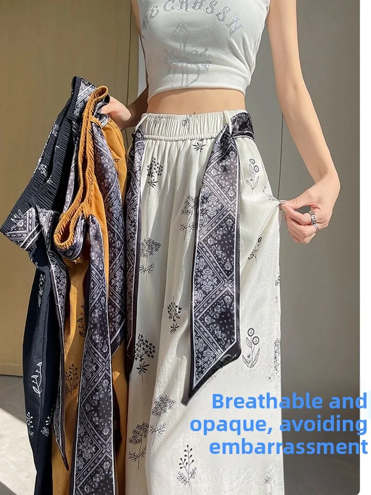 

High Waist Wide Leg Pants Women's Ice Silk Cotton Linen Loose Casual Nine Points Trousers Korean Style Commute Fashion