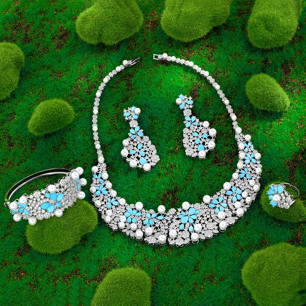 Elegant Women Imitation Pearl Cubic Zirconia Jewelry Set Necklace Earrings Bracelet Ring Bridal Wedding Christmas Gift Accessory