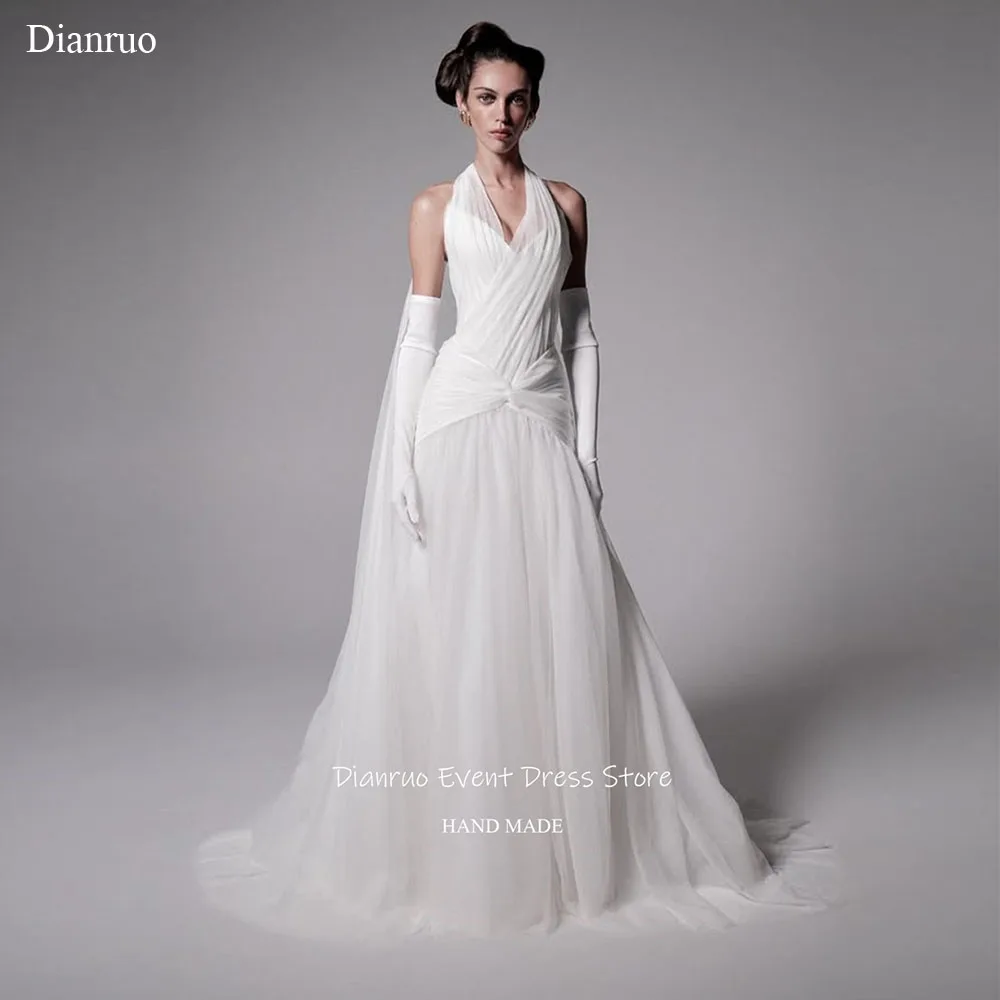 

Dianruo White Halter Neckline Evening Dresses Flowy A Line Wedding Dresses Ruched V Neck Chiffon Dresses For Women Customized
