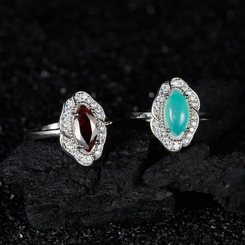 Xiaohongshu recommends retro Mintufeng colored treasure ring S925 inlaid with natural garnet Australian jade ring for women