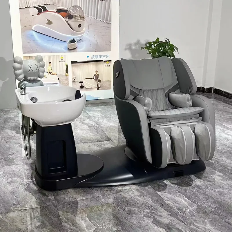 Mobili moderni per parrucchieri Nuovo design Ciotola per shampoo elettrica Sedia Unità di controlavaggio in pelle sintetica Lettino per lavaggio capelli Lettino da massaggio
