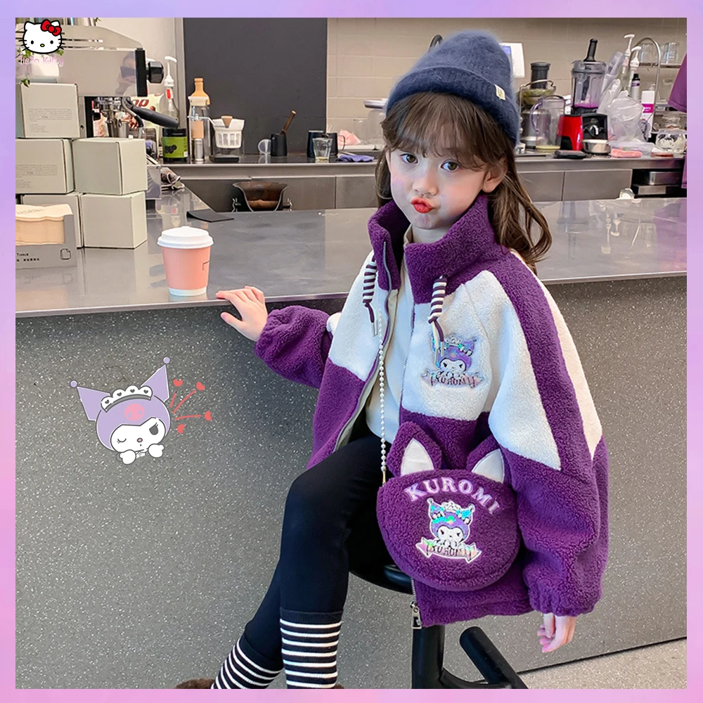 Anime Kuromi Sanrioed Girls Jacket Autumn Winter Plush Warm Coat Kids Wear Kids Soft Turtleneck Outerwear Clothes Zipper Jacket