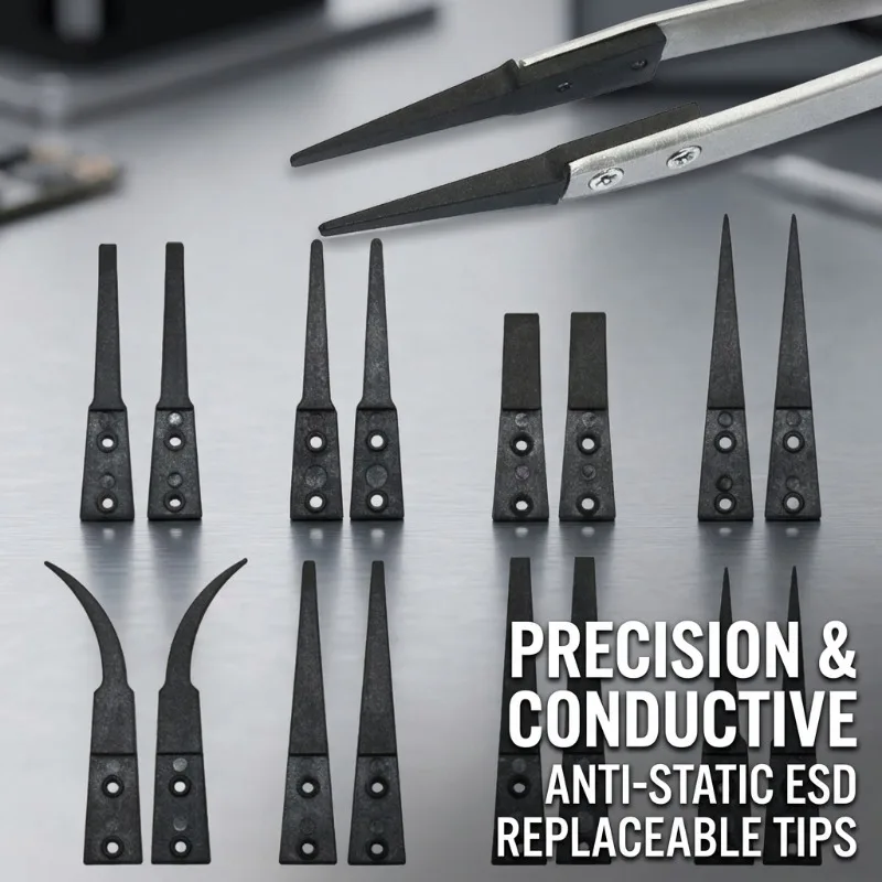VETUS ESD-259 Anti-Static Tweezers, Swiss Style Stainless Steel Maintenance Forceps, Interchangeable Tip Design for Precision