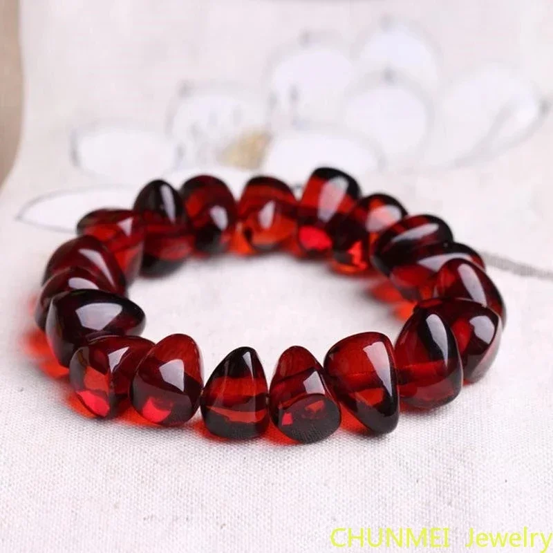 Red Amber Bracelet Women Men Natural Baltic Blood Ambers Beads Elastic Beaded Bangle Triangle Bracelets Accessories Jewellery