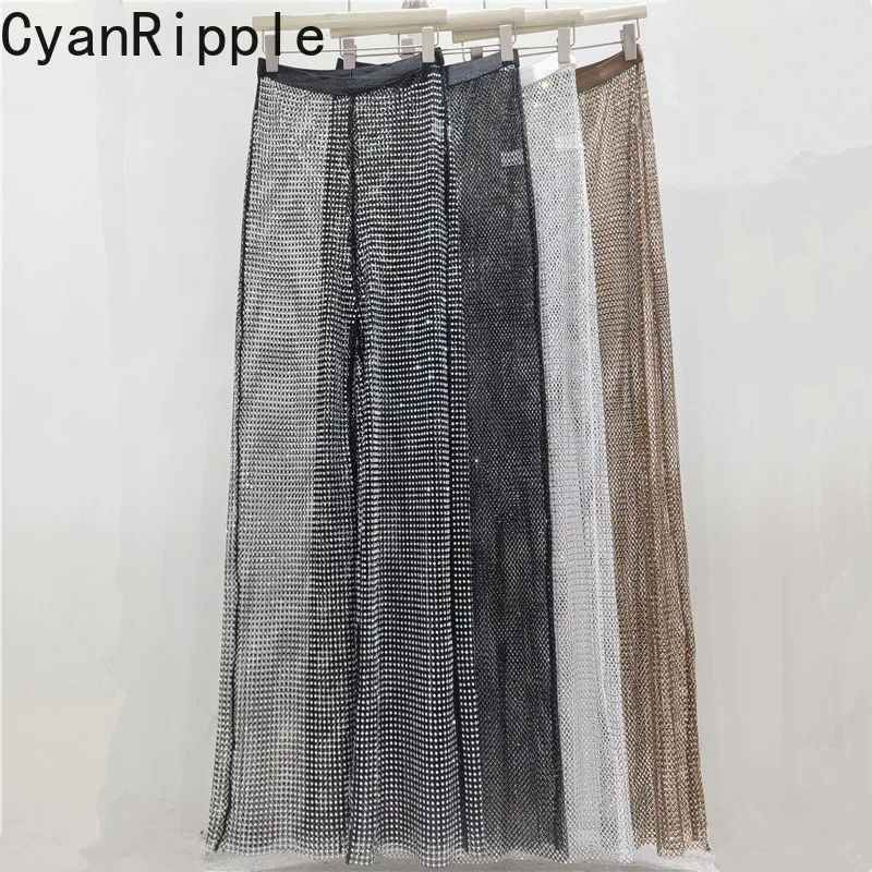 Europe Sexy Perspective Hollow Out Mesh Long Trousers Shiny Hot Diamonds Elastic Waist Mopping The Floor Casual Straight Pants