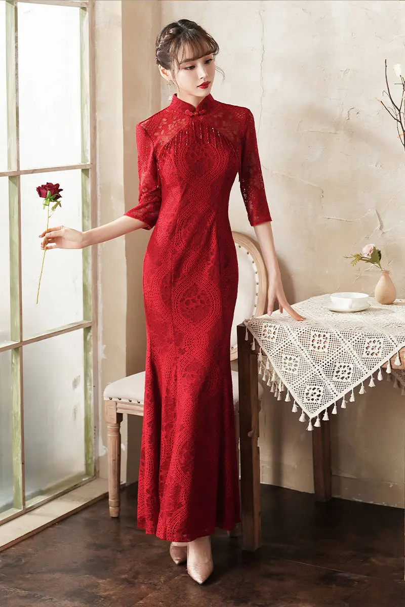 

Bridal Wedding Chinese Qipao Dress Lace Mandarin Collar Cheongsam Formal Party Elegant Celebrity Evening Banquet Dresses