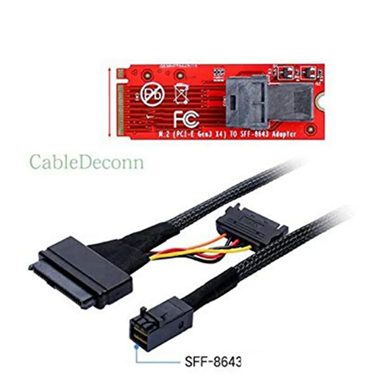 Built-in 12G Mini SAS HD to U.2 / SFF-8643 to SFF-8639 Cable 0.5M with 15-Pin SATA Power Supply, Suitable for U.2 SSD