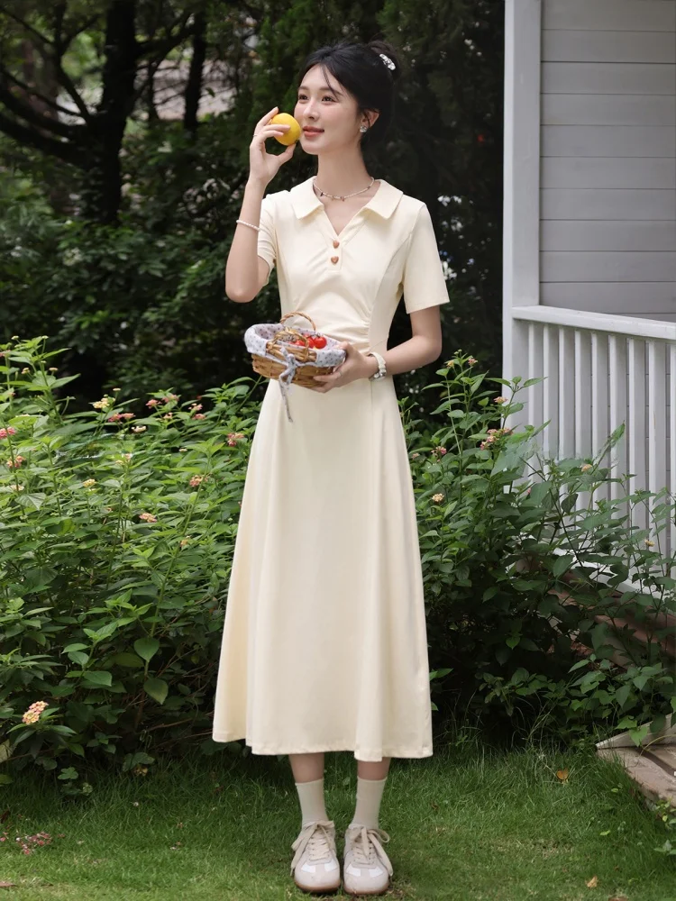 

Летнее желтое платье с воротником и коротким рукавом для женщин, А-силуэт, с завышенной талией, с принтом «Облака под луной», повседневная одежда