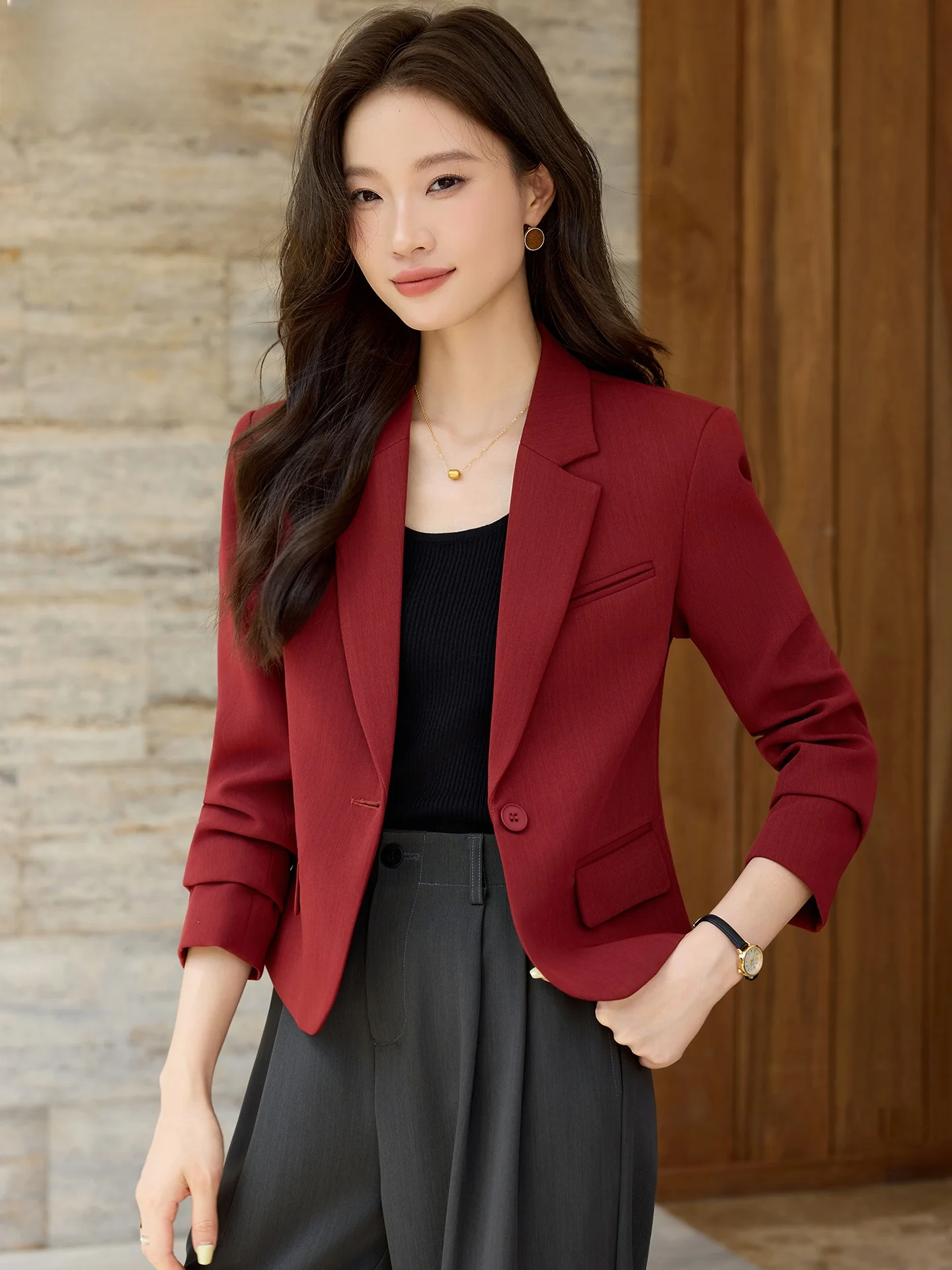 

Винно-красный укороченный пиджак женский, осенняя новинка, высокое качество, элегантный, модный, маленький размер, деловая одежда для женщин