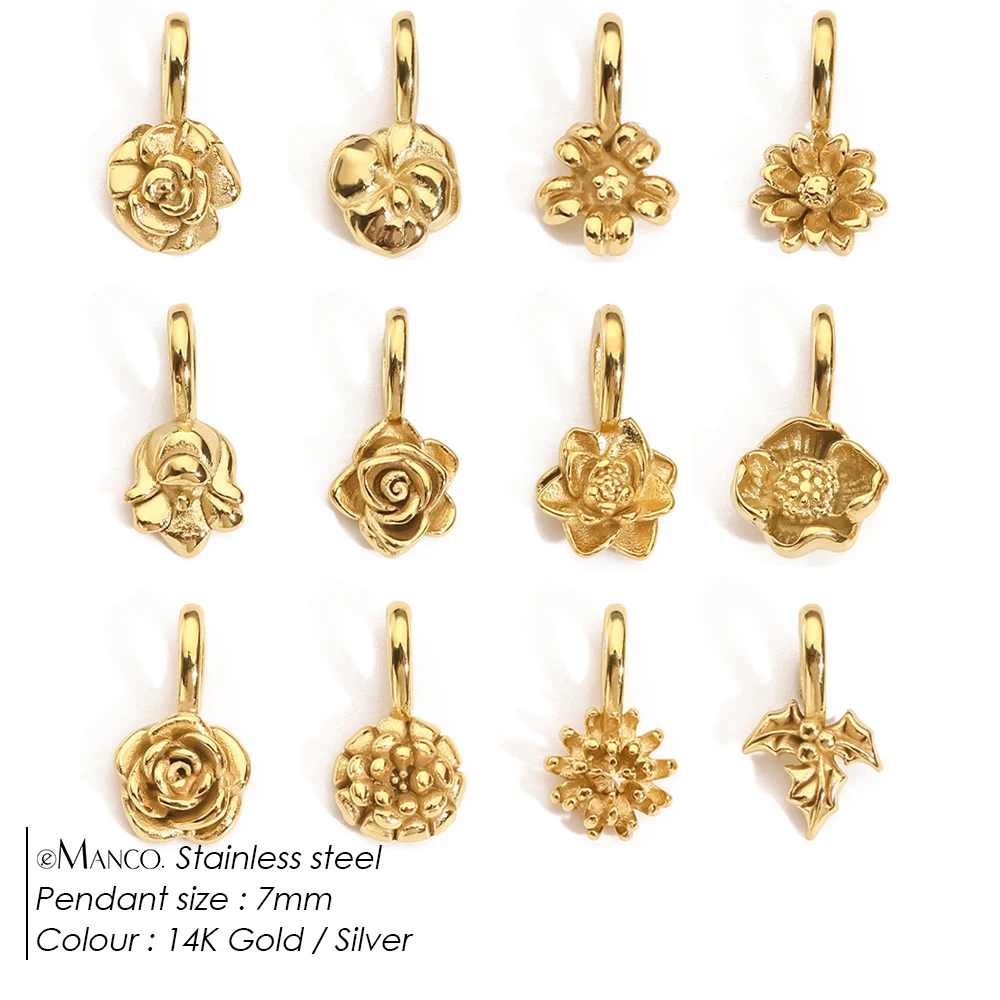 EMANCO Gold Color Stainless Steel Flower Charms Set Nature Style with Various Floral Elements for DIY Jewelry Making Daily Wear