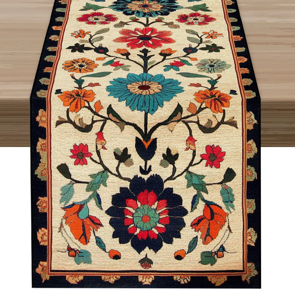 Ethnic Floral Table Runner - 1PC Vibrant Colorful Botanical Totem Clear Print Cover for Spring Summer Dining Table