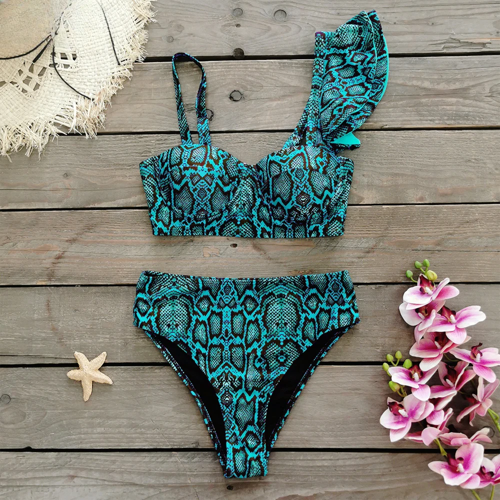 Conjunto de Bikinis con estampado de piel de serpiente, traje de baño Irregular con volantes y hombros descubiertos para mujer, traje de baño femenino con aros de realce, traje de baño de cintura alta