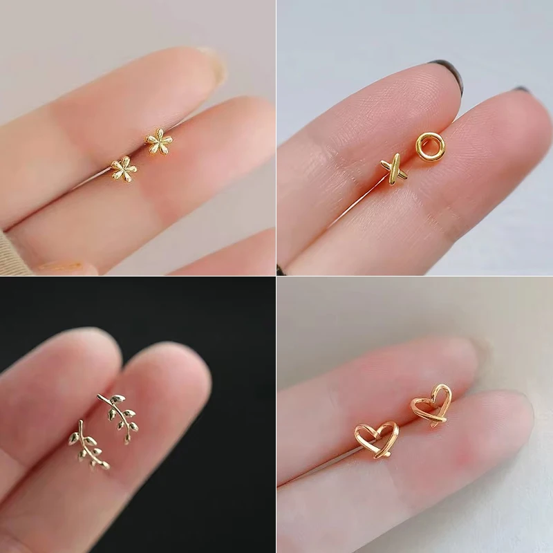 925 Silver Needles Mini Gold Color Stud Earrings For Women Cute Heart Star Leaf Butterfly Wing Ear Studs for Teens Pierc Gifts