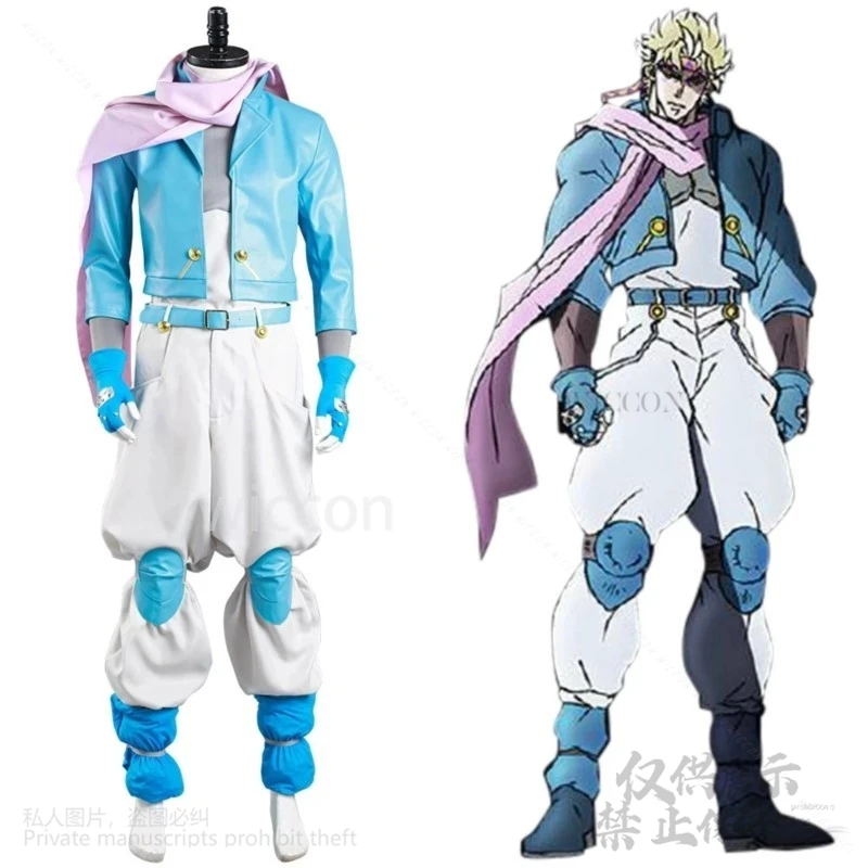 อะนิเมะ Jo คอสเพลย์ S2 ผจญภัย Anthonio Zeppeli เครื่องแต่งกายสีฟ้า Pu เสื้อกางเกง Headwear ชุดวิกผมสําหรับฮาโลวีน Punk ชุดที่กําหนดเอง