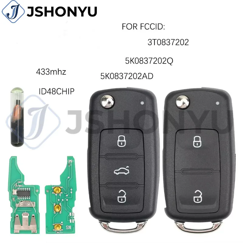 

JsHonYu 5K0837202AD ID48 Chip 433MHz Flip Remote Key for VW Multivan T5 Sharan Caravelle 2009-2015 2 3 Buttons Fob