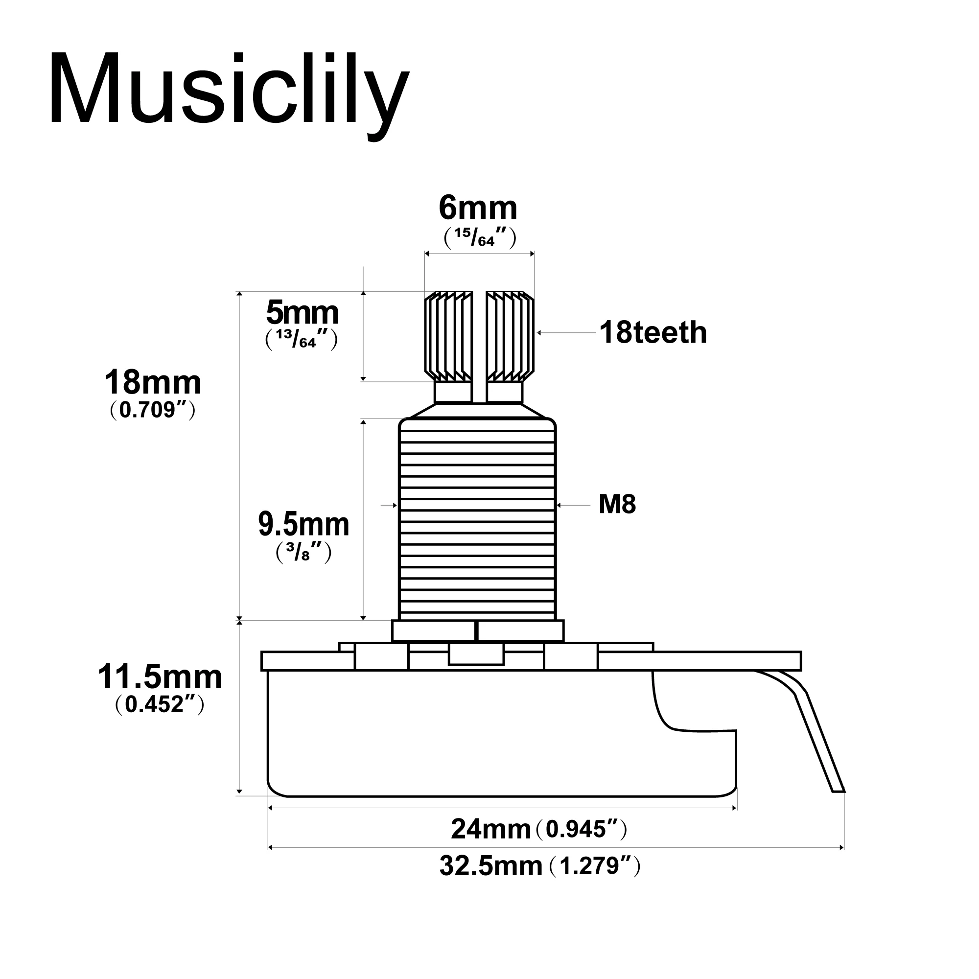 Musiclily Pro HD A250K/B250K/A500K/B500K/A25K/B25K/A1M/B1M Full Brass Metric Coarse 18-Spline Split Shaft Pot Potentiometer