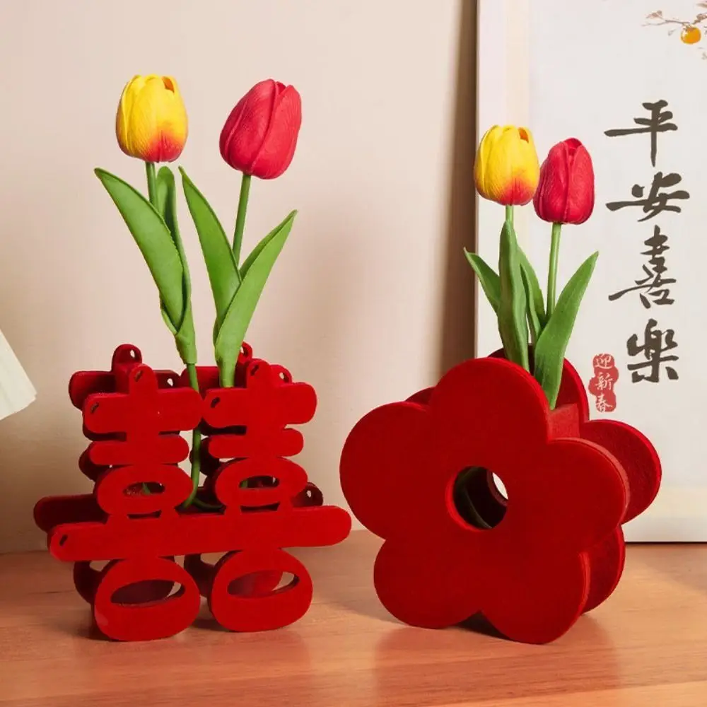 Good Fortune Wedding Red Flower Vase Good Luck Blessings Flower Arrangement Vase Best Wishes Flower Pot Basket Room Ornament