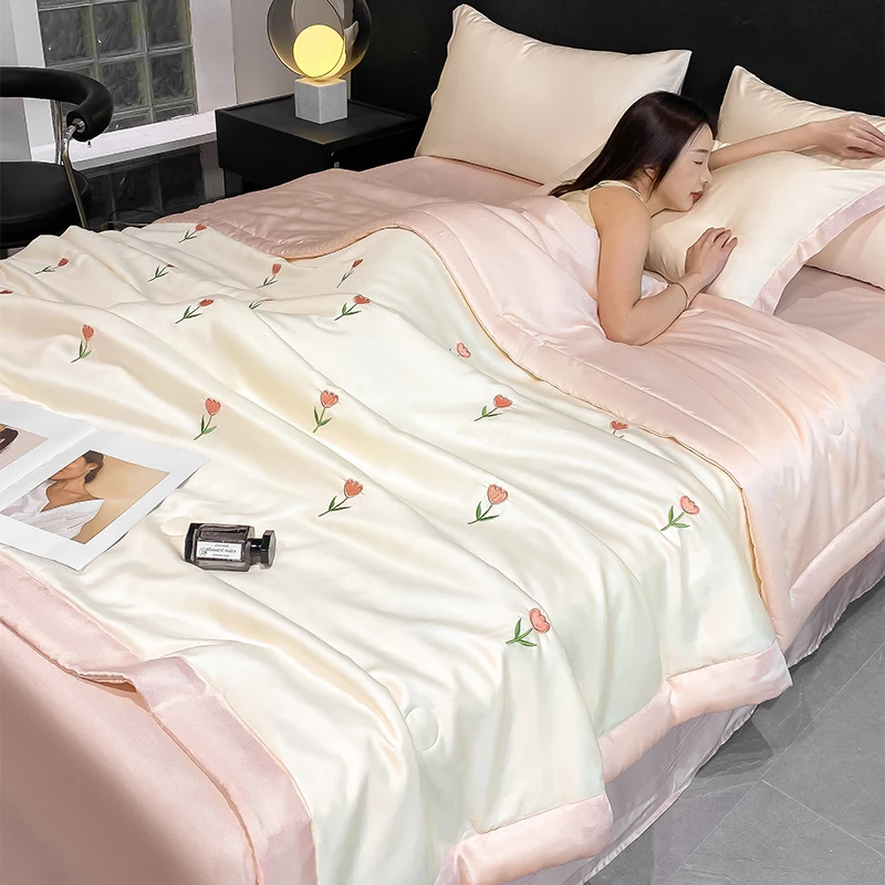 Ins Princess Summer Quilt 2025 Floral Soft Washed Silk Full Embroidery Tencel Cool Quilt Women Girl For Summer Comforter Bedding