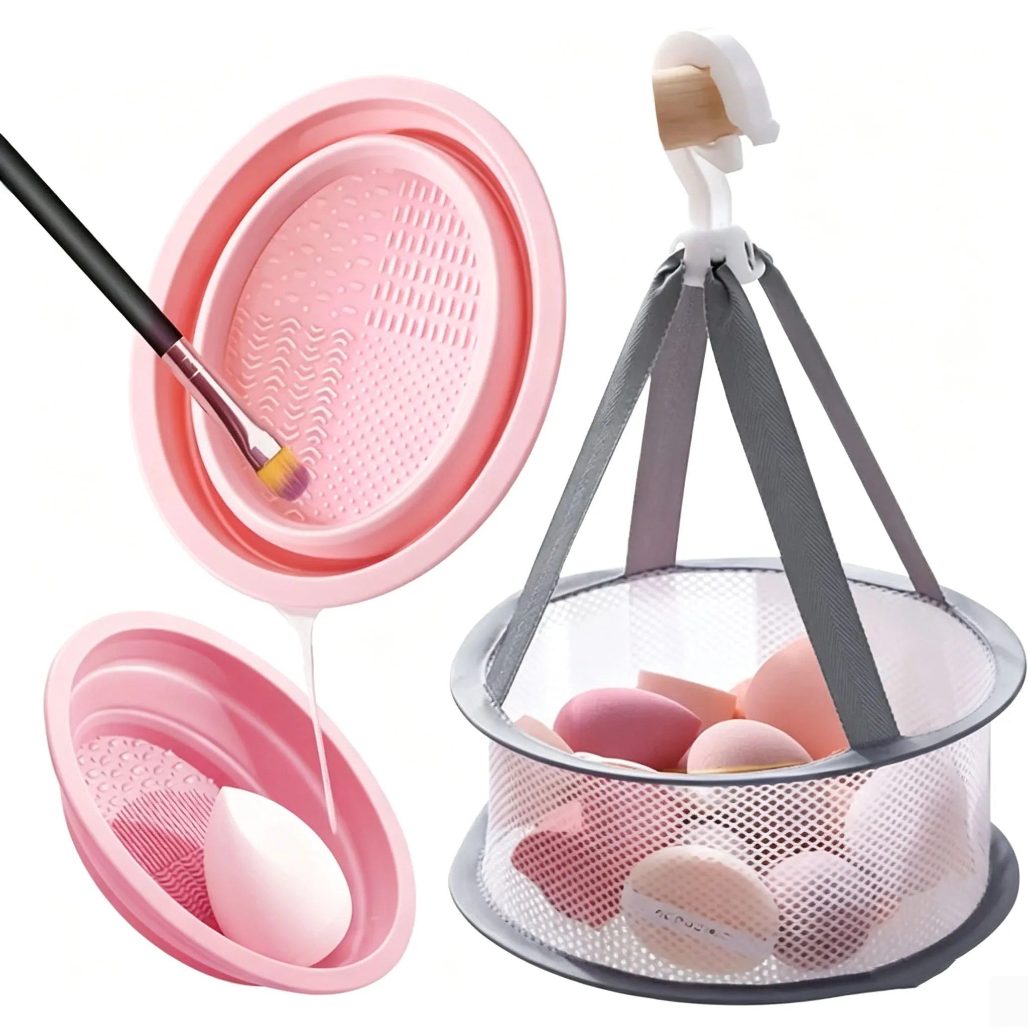 2-piece Brush Cleaning Set Including A Foldable Makeup Brush Cleaning Mat and A Drying Net Bag, Quick-dry Feature