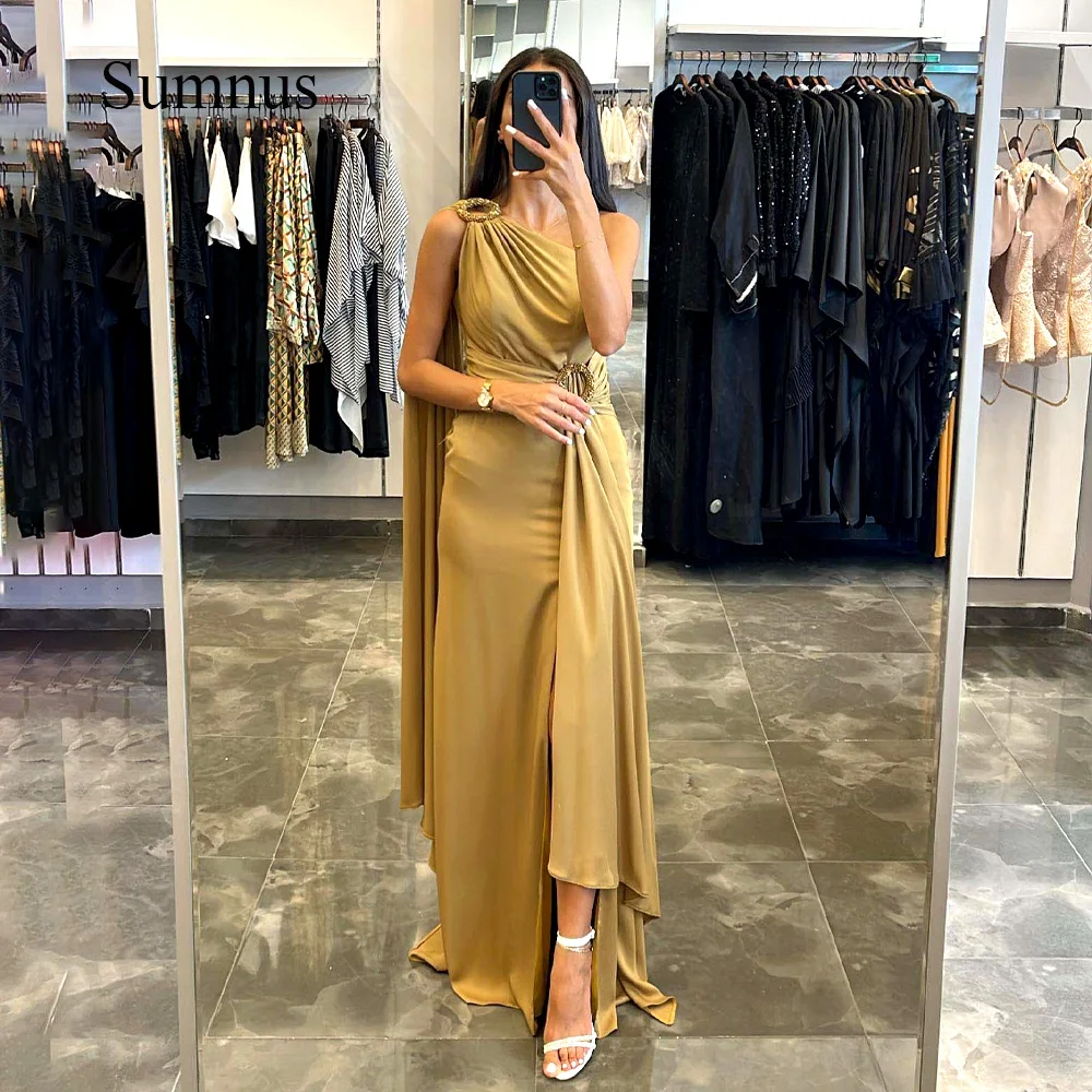 

Khaki Arabic One Shoulder Evening Dresses With Jacket Side Split Prom Dress Elegant Dubai Evening Gown Floor Length Gowns