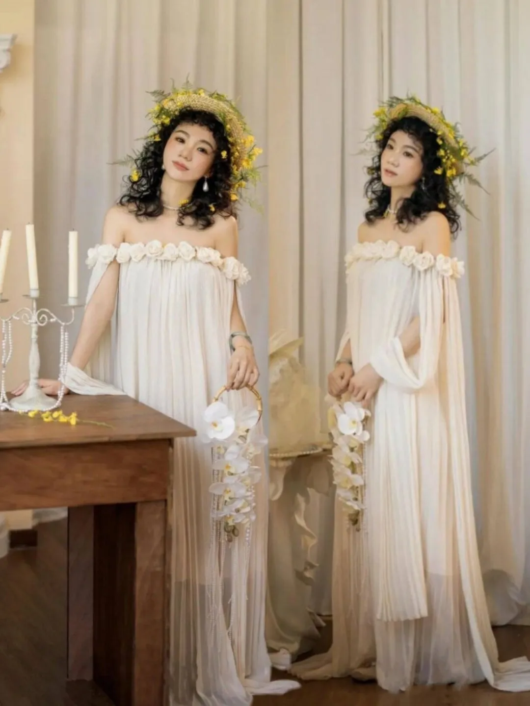 

Elegant Long Drifting Skirt One Shoulder 3D Flower Photography Studio Photography Costume Photography Props Ethnic Stage Costume