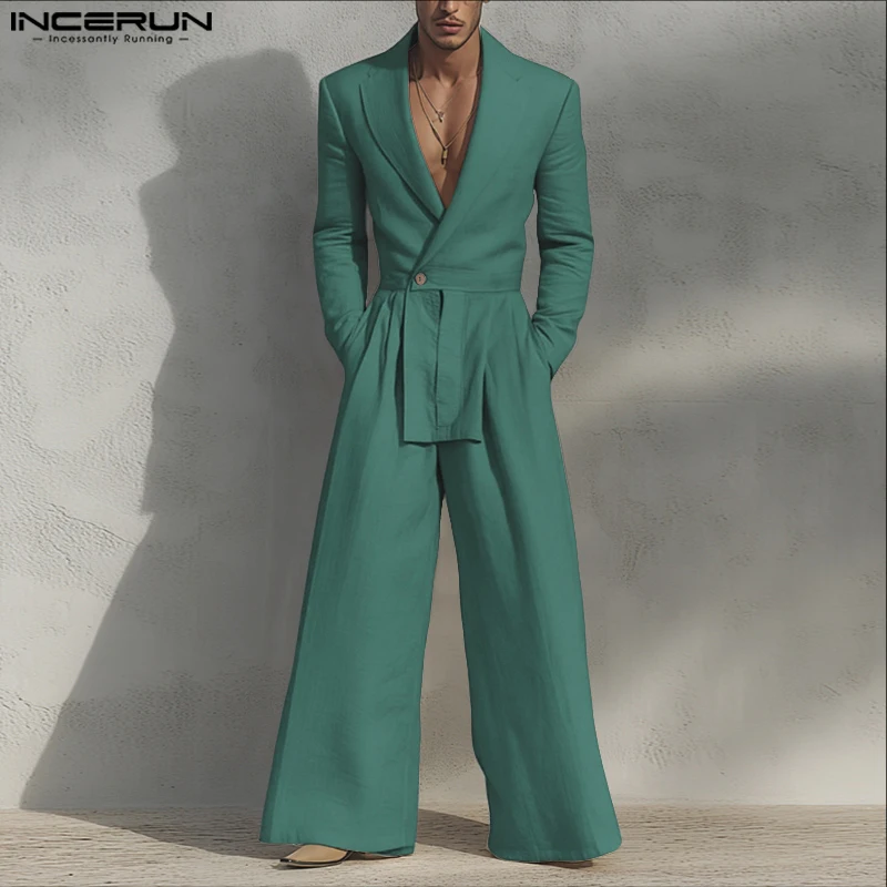 INCERUN Men Jumpsuits Solid Color Lapel Long Sleeve Casual Male Rompers Streetwear Loose 2025 Elegant Fashion Overalls Men S-5XL