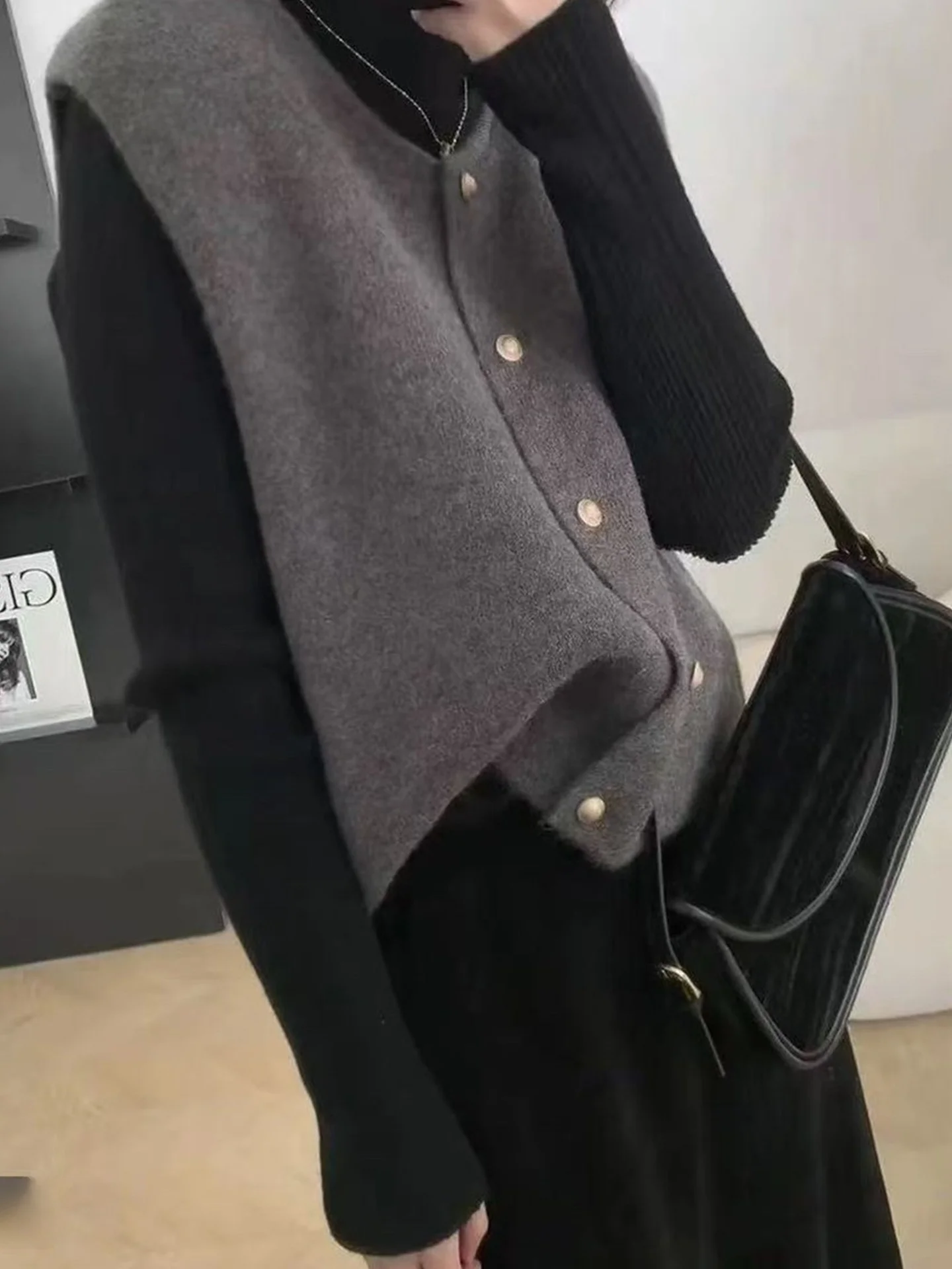 

Sli вязаный жилет на одной пуговице моющийся многослойный осенне-зимний цвет круглый топ из чистого хлопка Ne