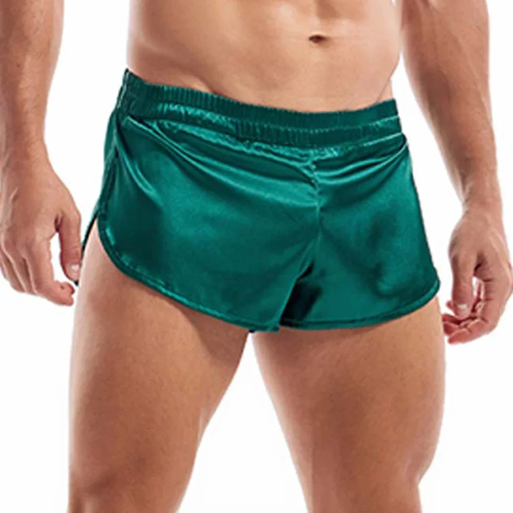 Pantalones de Aro sexys para hombre, bóxer de deporte al aire libre Gay, pantalones cortos de seda para dormir, pantalones cortos sueltos de entrepierna, pantalones cortos de cintura elástica para el hogar