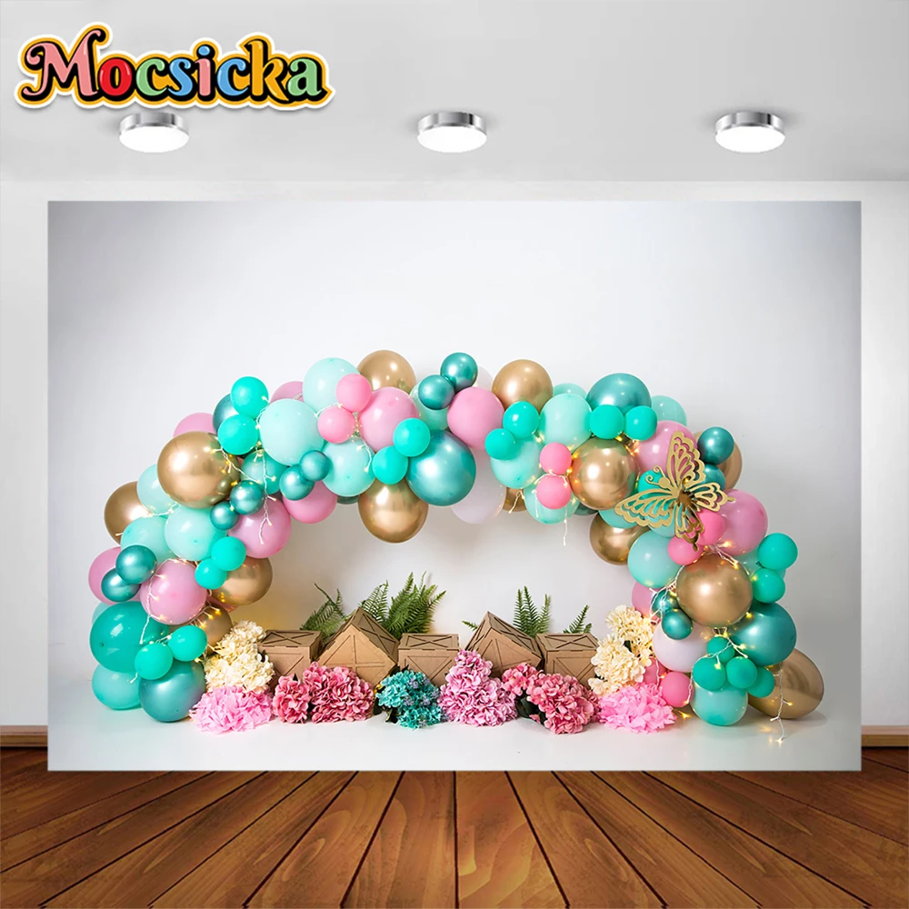 Fondo de fiesta de globos de princesa de colores, fotografía de cumpleaños de niña, pastel, Smash Castle, fondo rosa, estudio de sesión de fotos