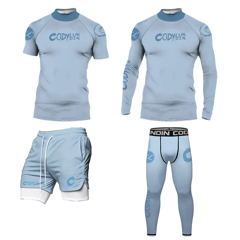 Men Light Blue BJJ Rashguard Kit, Short & Long Sleeve Compression Top + 2‑Layer Pockets Shorts, MMA Jiu‑Jitsu Training