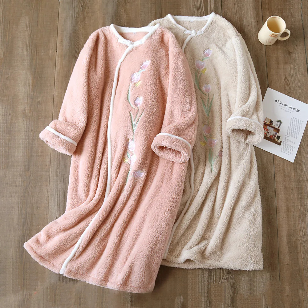 Women Flannel Pajamas Kimono Robe Autumn Winter New Warm Embroider Bathrobe Soft Solid Female Sleepwear Soft Homewear Clothes