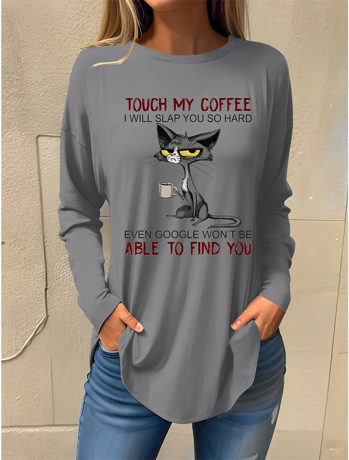 New Fashion Women's Pullover Simple Letter /Cat Graphics Casual O-Neck Long Sleeve Tee Tops Trendy Micro-Elastic Sweatshirt image 2