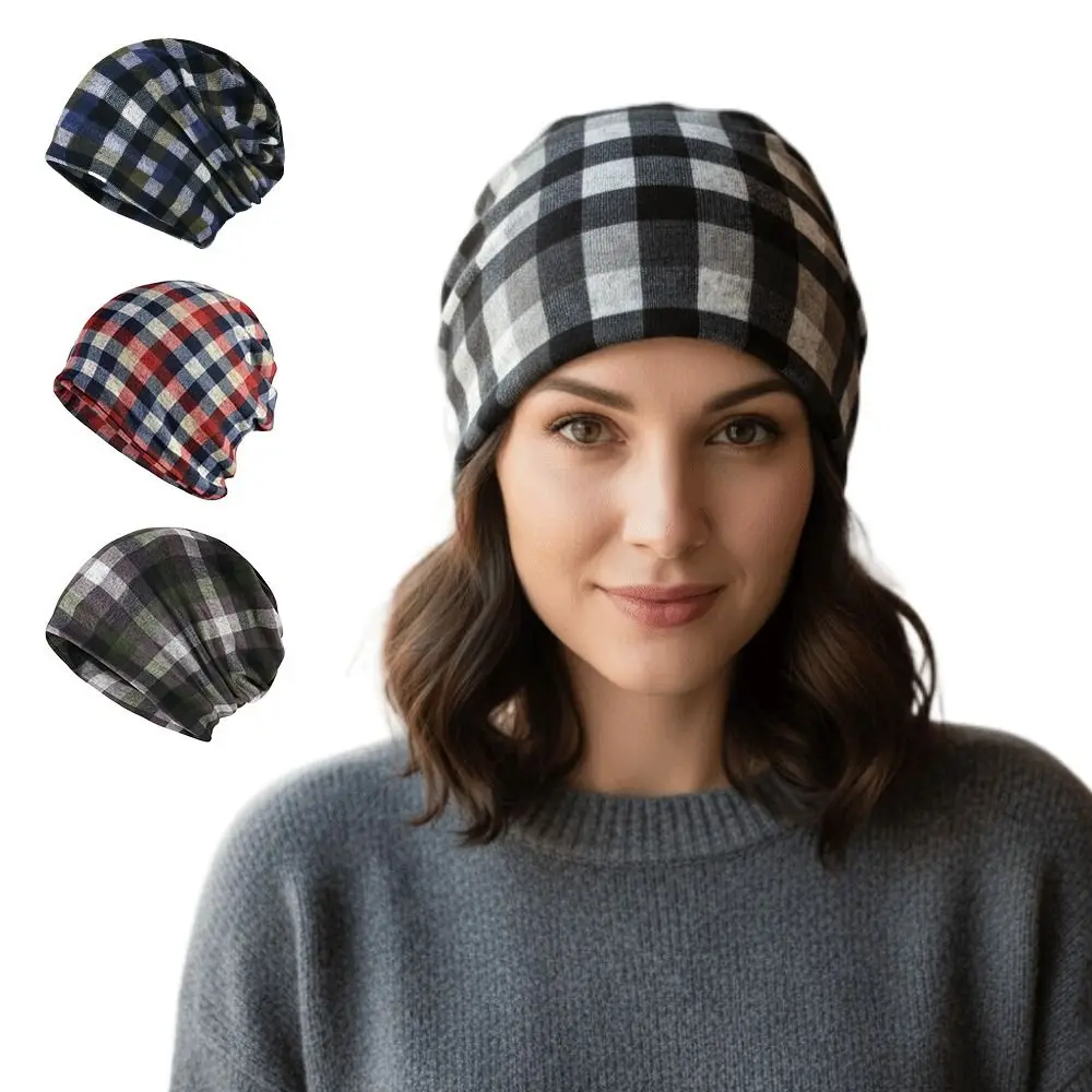 Contrasting Colors Pullover Hat Multifunctional Plaid Print Casual Hedging Cap Scarf Pullover Hat Keep Warm Women's Pile Hat
