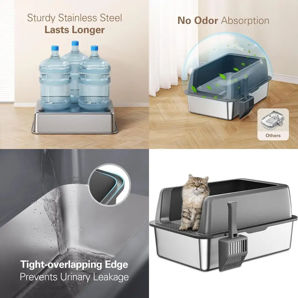 

Очень большой лоток из нержавеющей стали с крышкой, высокосторонний металлический лоток для кошек XL для больших кошек, серый - с антипригарным покрытием, легко чистится