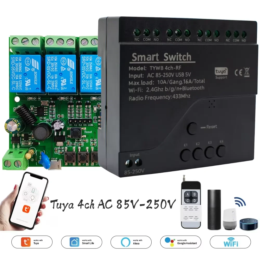 4CH Tuya Wifi Smart Switch Relay AC 220V 85-250V 7-32V 10A Intelligent Automation Module Controller Work With Alexa Google Home