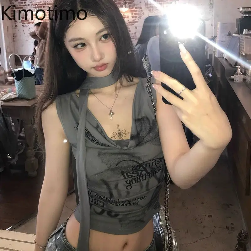 Kimotimo Sexy Halter Print Sleeveless Crop Top Women Summer Slim Waist Swing Collar Vest Streetwear Retro Y2k Spicy Girl Tanks