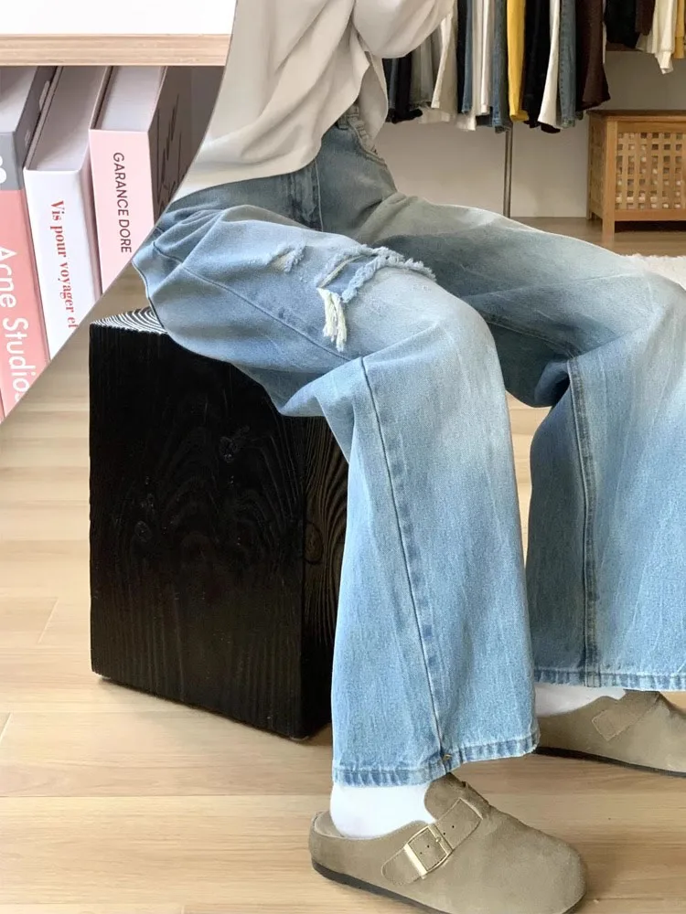 

Прямые синие джинсы с высокой талией и широкими штанинами, женские осенние утягивающие джинсовые брюки больших размеров для грушевого тела, повседневные брюки