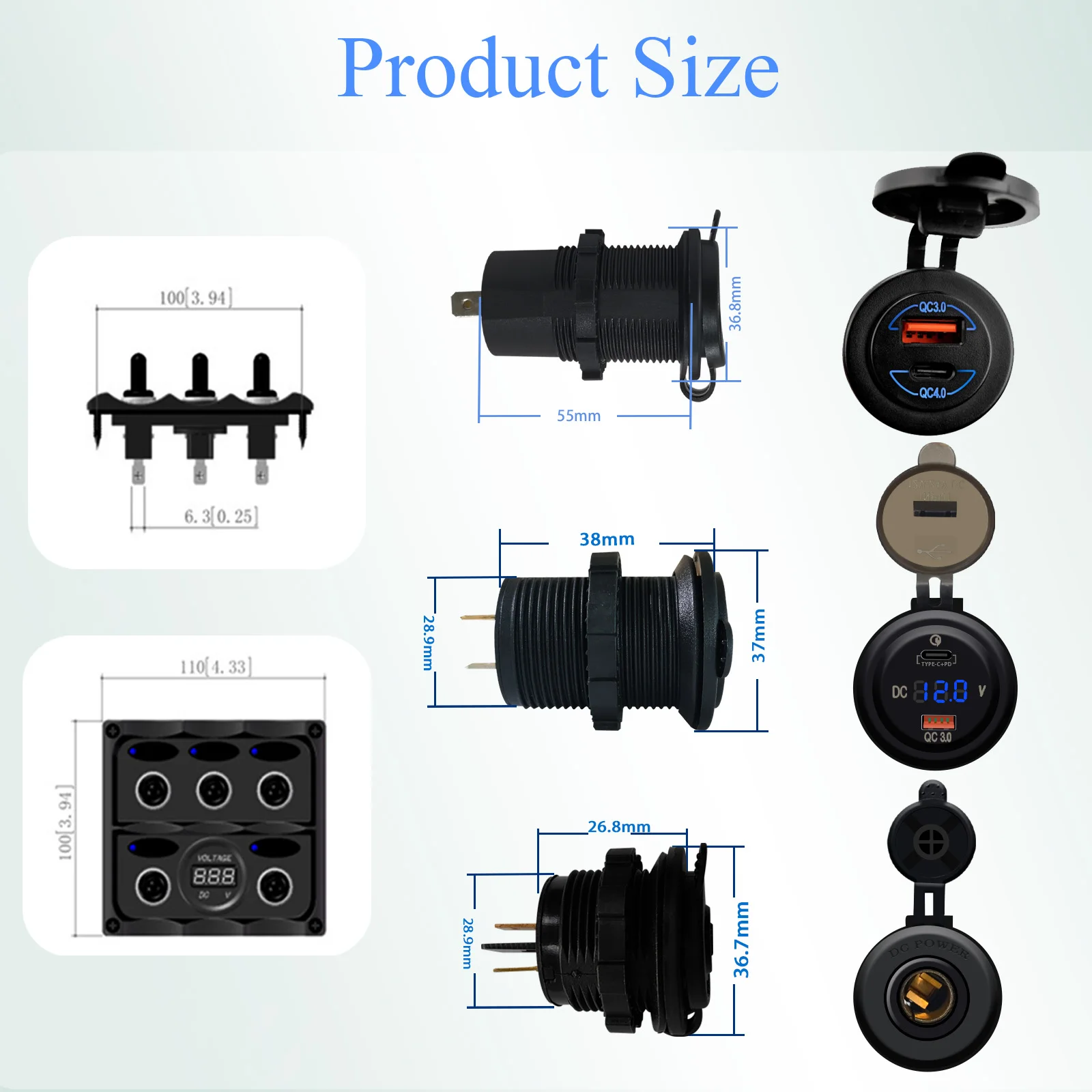 Waterproof Marine Toggle Switch Panel Pre-wired Circuit Breaker Type C PD QC4.0 USB 12V Power Socket for Car Boat Yacht Trailer