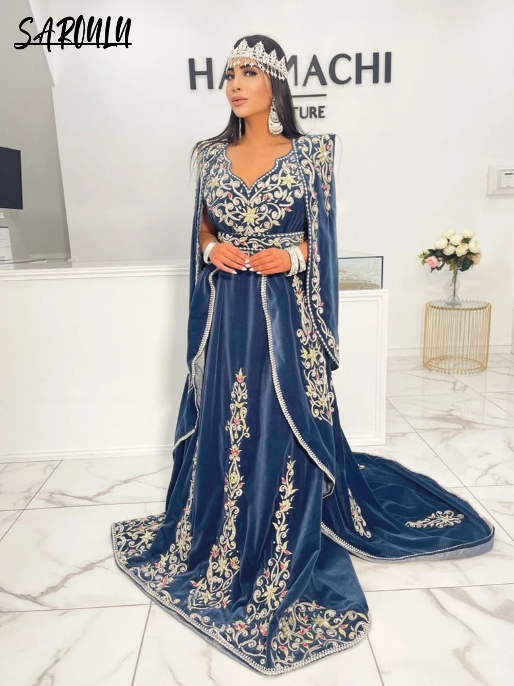 

Muslim V-neck Appliques Evening Dresses 2024 Elegant Off the Shoulder Bridal Dress Caftan A-line Gown Robe De Mariée