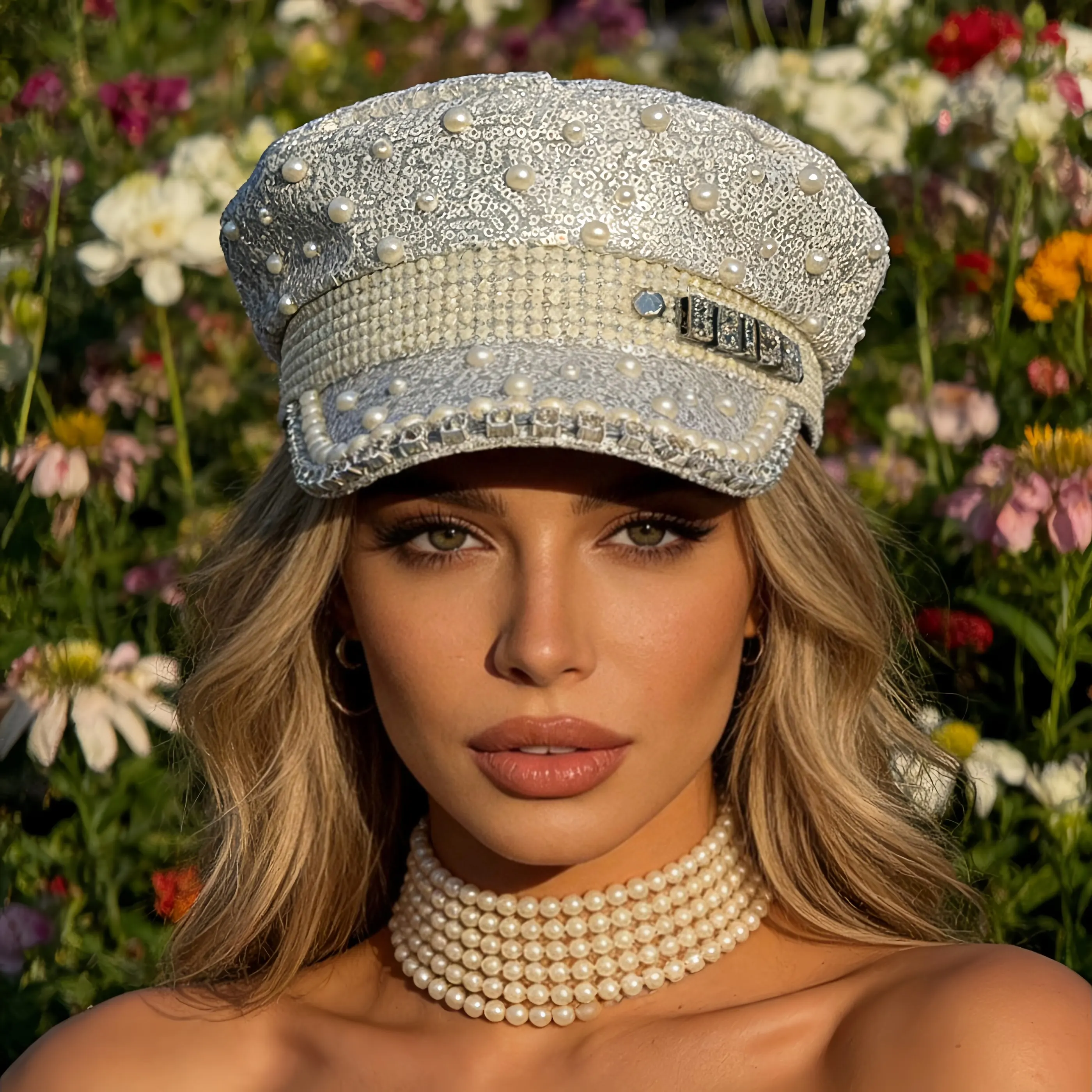 White Women's Bride Pearl Sequin Captain Hat Lace Bachelorette Party Hat for Burning Man Music Festival Halloween Rave Cosplay