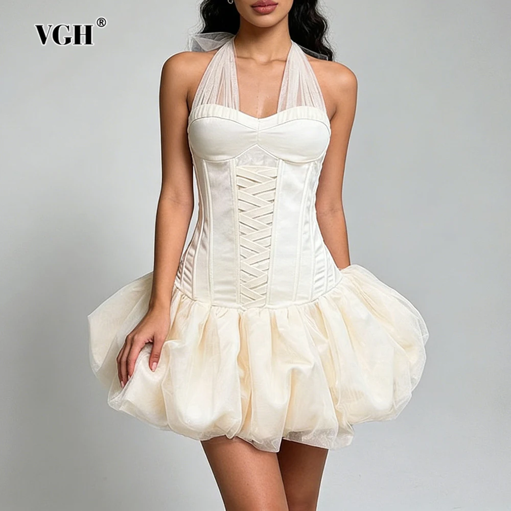 VGH Sweet Sexy Slimming Mini Dresses For Women Square Collar Sleeveless High Waist Lace Up Design Sense Solid Dress Female New