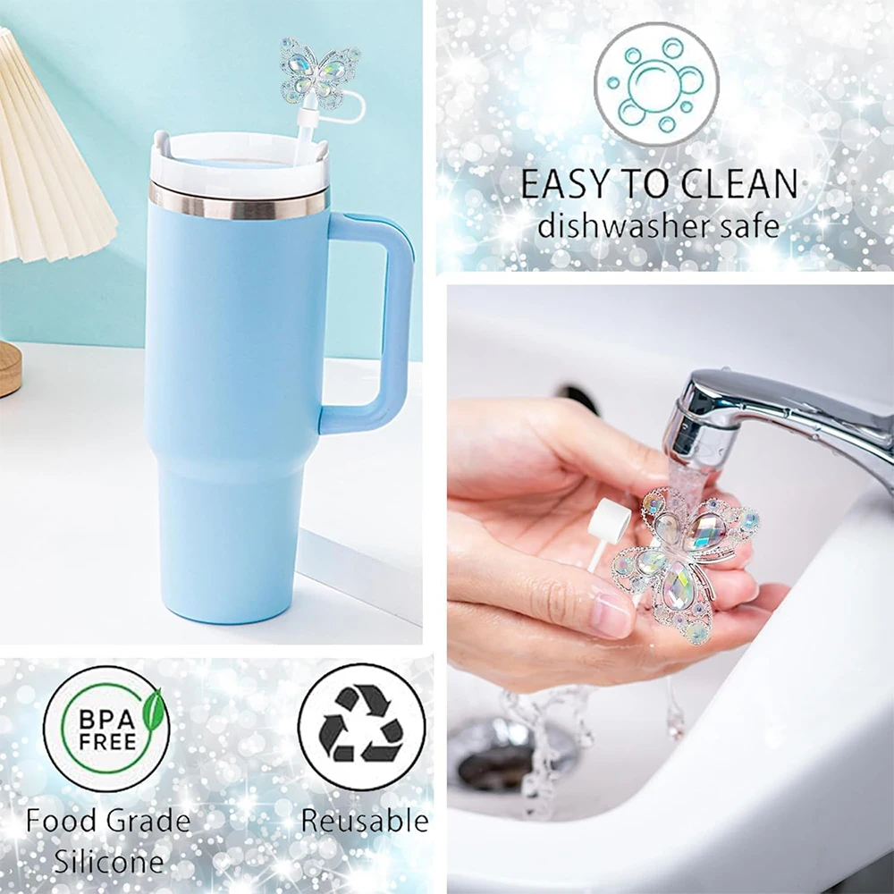 6pcs Shiny Straw Toppers, Colorful Diamond Butterfly Straw Covers Cap for Stanley Tumbler Cups 30&40oz Tumbler with Handle - view 4