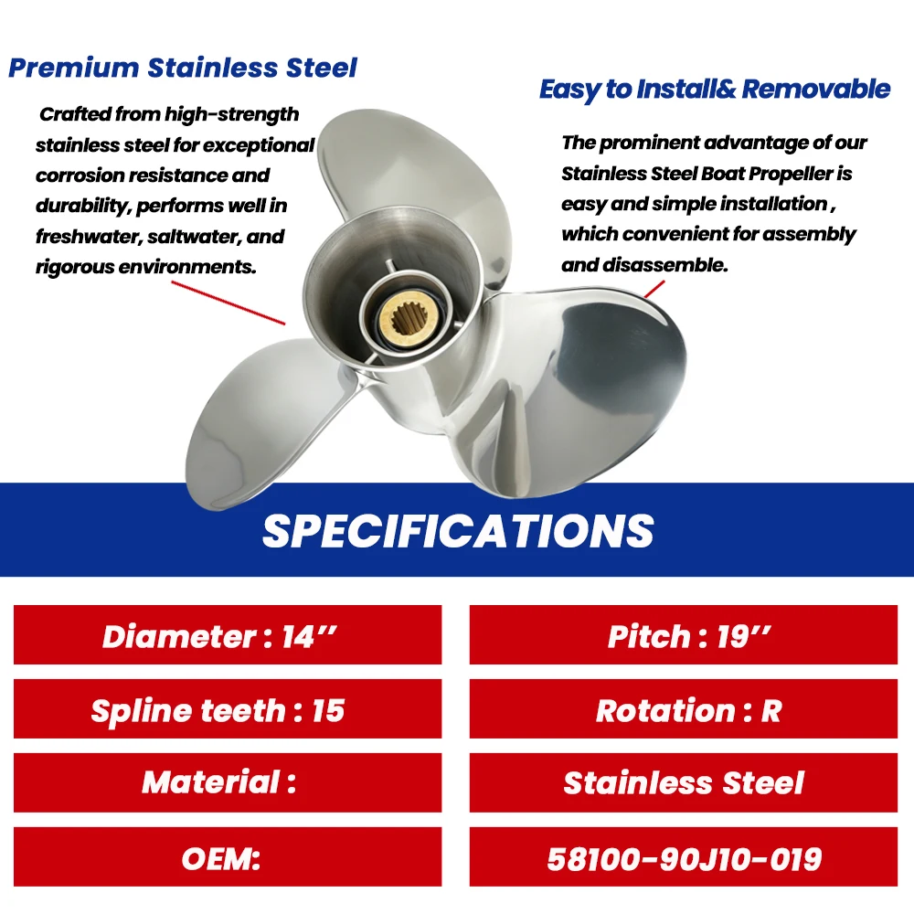 Boat Propeller 14*19 for Suzuki 50 60 70 80 90 100 115 140HP Stainless Steel 3 Blade 15 Spline Outboard Engine 58100-90J10-019