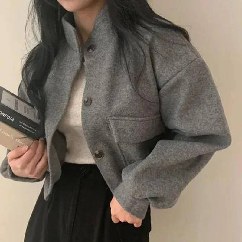 

Women Stand Collar Korean Jacket Fall Winter Loose Casual Tweed Gray Coat Chic Single Breasted Lazy Harajuku Y2K Outwear